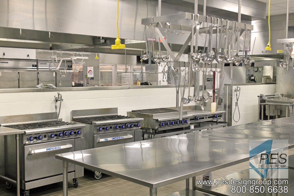 Cookline and worktables in Manatee Technical College's culinary teaching kitchen in Bradenton Florida.
