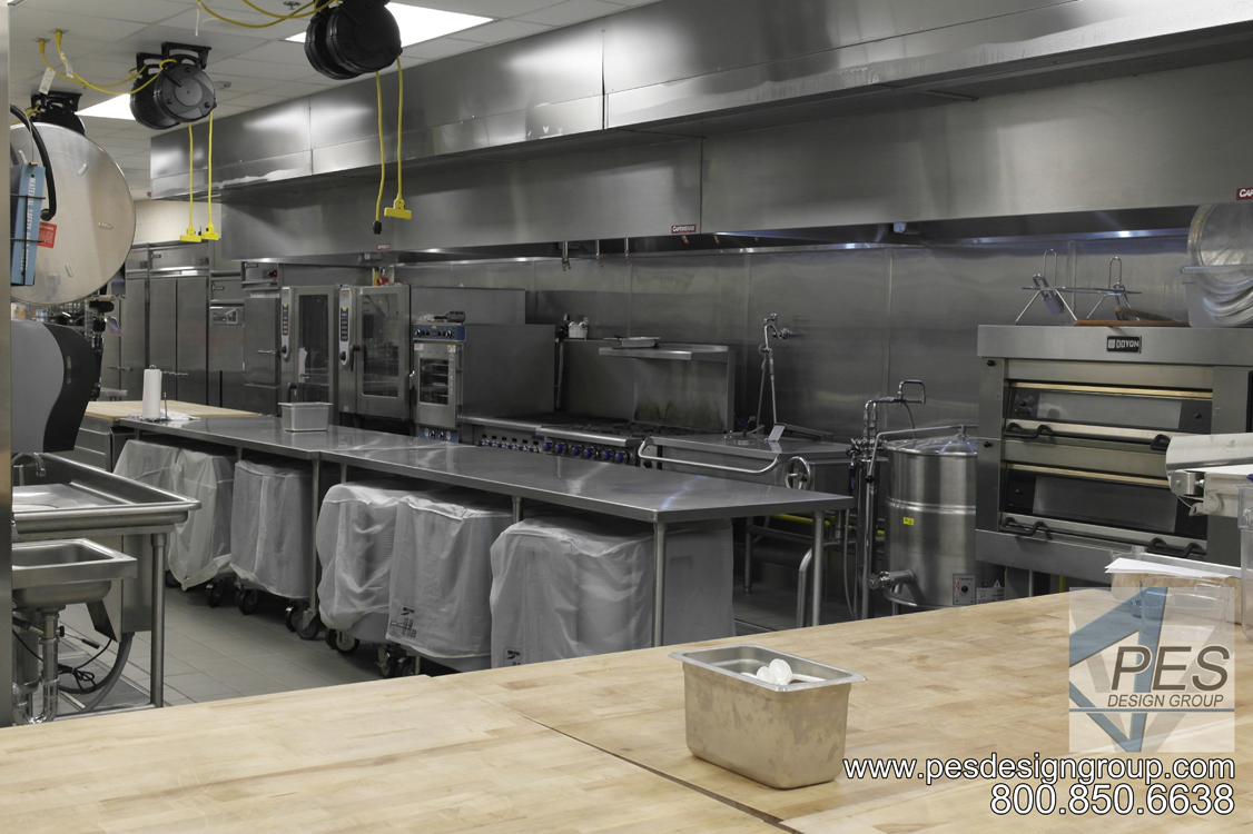 A view of the banquet cookline and bakery area in the Suncoast Technical College culinary teaching kitchen in Sarasota Florida.
